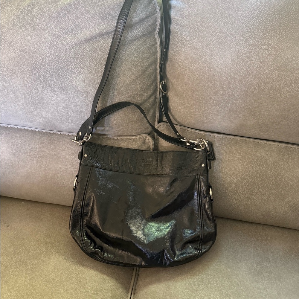 Coach Zoe Glossy Black Leather Convertible Hobo Purse with Silver Hardware